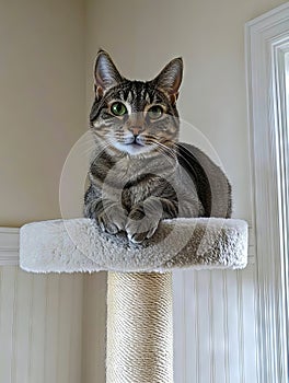 A cat sitting on top of a scratching post