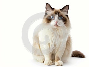 A cat sitting on a white background with blue eyes photo