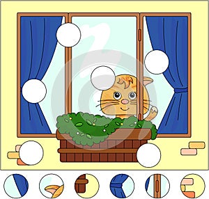 Cat sitting on the window with flower pots and curtains. Complete the puzzle and find the missing parts of the picture. Vector il