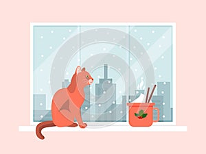 Cat sitting winter window, cozy cold season urban landscape and coffee cap flat vector illustration. Christmas mood