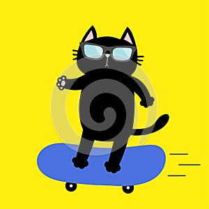 Cat on skateboard. Sunglasses. Cute cartoon kawaii funny baby character. Skate boy riding at high speed. Hello Summer. Greeting