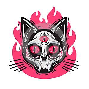 Cat skull with a third eye and fire in cartoon style