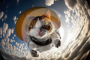 Cat skydriver. Flying with parachute parachuting illustration generative ai