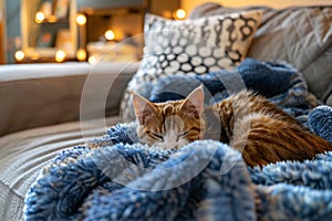A cat is sleeping on a blue blanket on a couch
