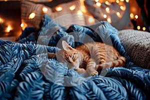 A cat is sleeping on a blue blanket on a couch