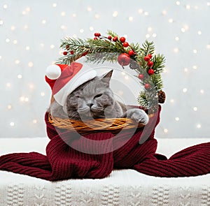 Cat sleeping in a Christmas basket. British cat in a Santa hat sleeps in basket with knitted scarf. Concept of New Year and Merry