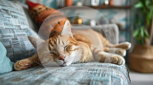 Cat Sleeping on Couch by Potted Plant