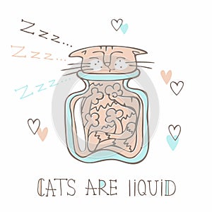 Cat sleeping in a glass jar. Cute style. Cats are liquid. Inscription. Vector