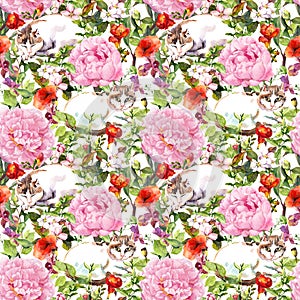 Cat sleeping in grass and flowers. Floral seamless pattern