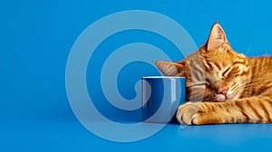 A cat sleeping next to a blue cup on a blue surface