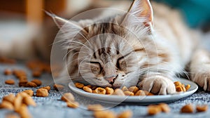 Cat sleeping in a plate of pet food