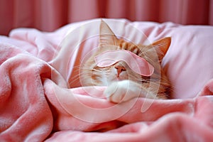 Cat sleeping in sleep mask lying in the bed. World Sleep Day concept. Rest and relax, daydreaming, healthy sleep, lazy day off