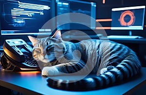 the cat is sleeping,A small striped kitten lies on the table near the computer, the blue light of the screen is