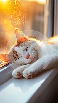 cat sleeping on windowsill in warm light.