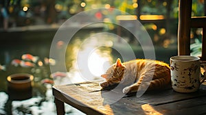 A cat sleeping on a wooden table next to a cup of coffee