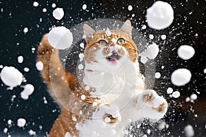 Cat smacked by snowball. Cute kitten with surprised and angry face, hit by snow during snow fight. Generated AI.