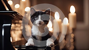cat A small kitten with a sleek black coat, gracefully walking across the ivory keys of a grand piano,