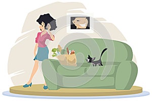 Cat sneaks into food while girl is talking on phone. Illustration for internet and mobile website