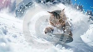 Cat snowboarder going down ski slope in winter, funny pet rides snowboard spraying snow powder. Concept of sport, extreme, resort