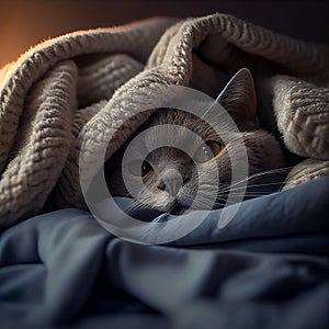 Cat snuggled up in a fuzzy blanket on a bed