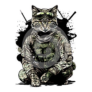 Cat soldier dressed in camouflaged uniform. AI generated