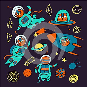 CAT SPACE Cute Cosmic Traveling Animal Vector Illustration Set