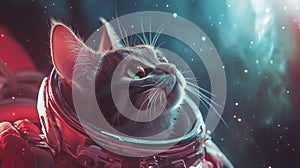 cat in space suit is floating in gallaxy space
