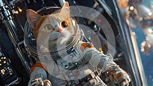 cat in space suit is floating in gallaxy space