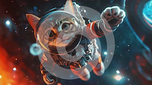 cat in space suit is floating in gallaxy space