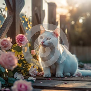 Cat in the spring on the street. Generative AI
