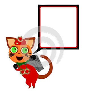 cat with square communication bubble carries hod with coal