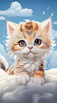 a cat that is standing on a cloud with one ear raised