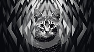 A cat is standing in front of a black and white background, AI