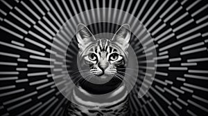 A cat is standing in front of a black and white background, AI