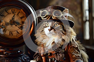 A cat in a steampunk outfit sitting next to a clock