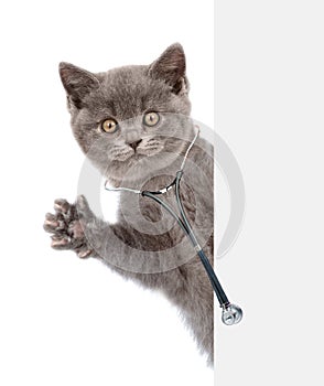 Cat with a stethoscope on his neck peeks out from behind a banner and waving his paw. isolated on white background