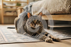 Cat stretches on rug, relaxed and content, direct gaze conveys comfort and warmth indoors