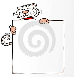 Cat, striped smiling, behind a sign to write, Humanized animal, which combines trouble