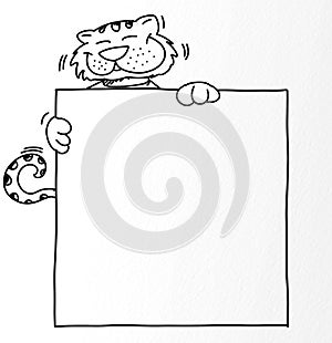 Cat, striped smiling, behind a sign to write, Humanized animal, which combines trouble