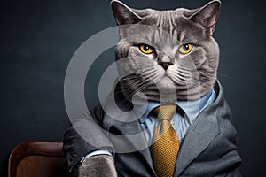 Cat with suit. Feline wearing business clothes. Generative AI. photo