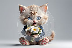 cat in a suit with a gift and flowers