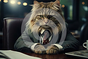 Cat in a suit with in the office in the boss\'s chair. AI generative