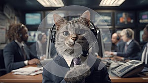 Cat in Suit Prepares for Live Broadcast in Newsroom Setting photo
