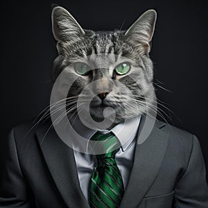a cat in a suit and tie looking up at the camera