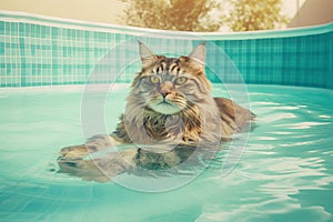 Cat summer swimming pool relax. Generate Ai