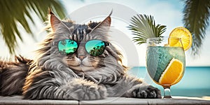 Cat is on summer vacation at seaside resort and relaxing rest on summer beach of Hawaii