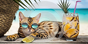 Cat is on summer vacation at seaside resort and relaxing rest on summer beach of Hawaii