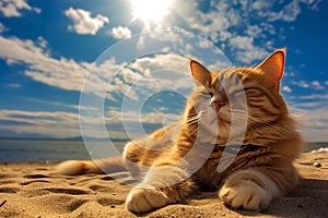 The cat is sunbathing on the beach.