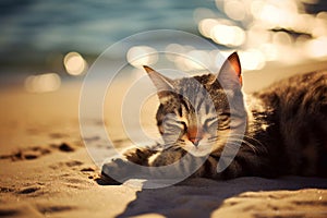 The cat is sunbathing on the beach.