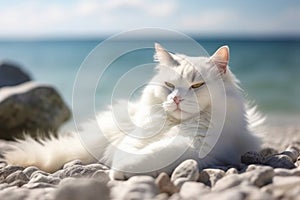 The cat is sunbathing on the beach. The long-awaited vacation.